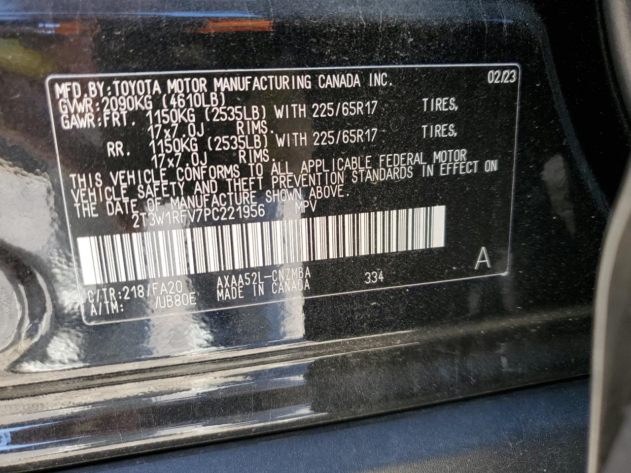 2023 TOYOTA RAV4 XLE VIN:2T3W1RFV7PC221956