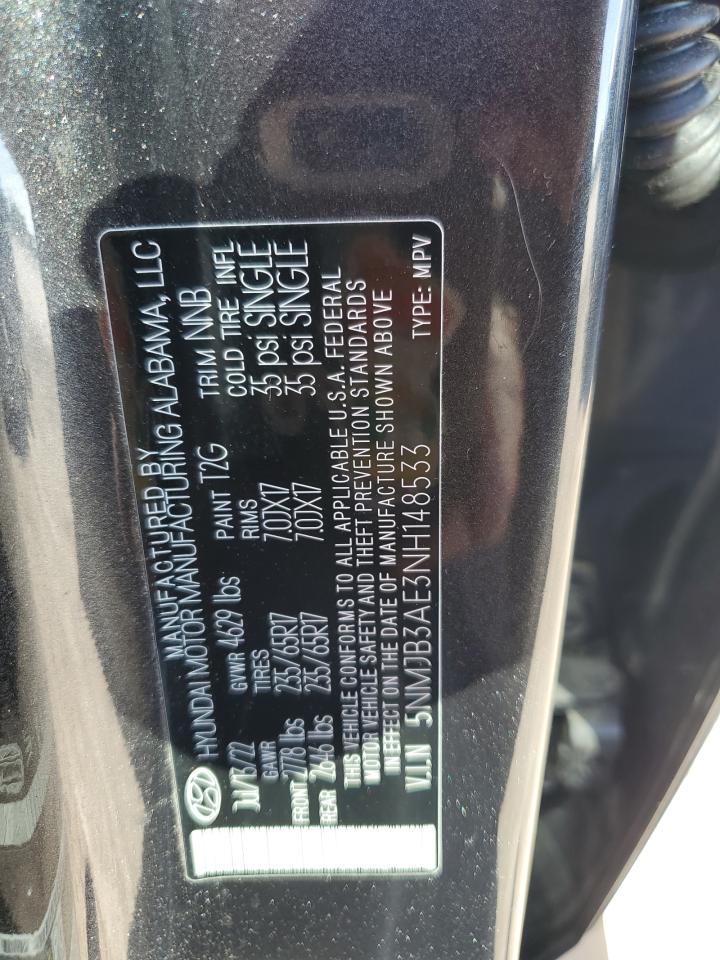 2022 HYUNDAI TUCSON SEL VIN:5NMJB3AE3NH148533