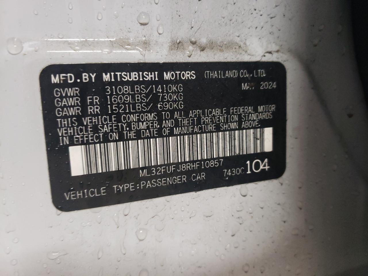 2024 MITSUBISHI MIRAGE G4 ES VIN:ML32FUFJ8RHF10857