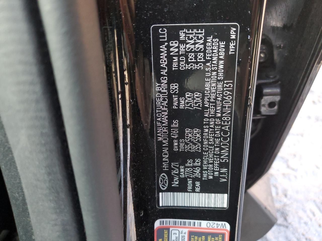 2022 HYUNDAI TUCSON SEL VIN:5NMJCCAE8NH069131