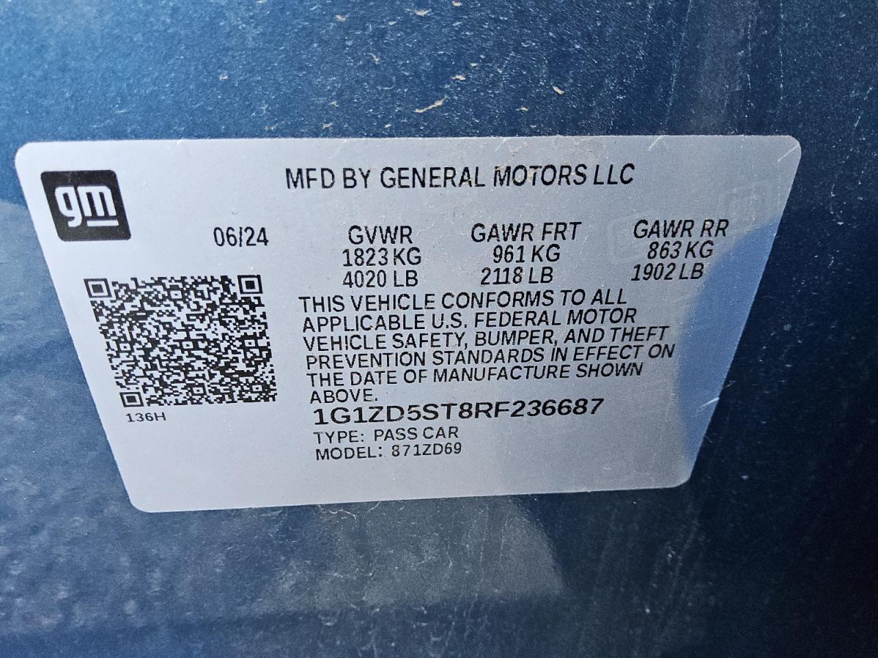 2024 CHEVROLET MALIBU LT VIN:1G1ZD5ST8RF236687