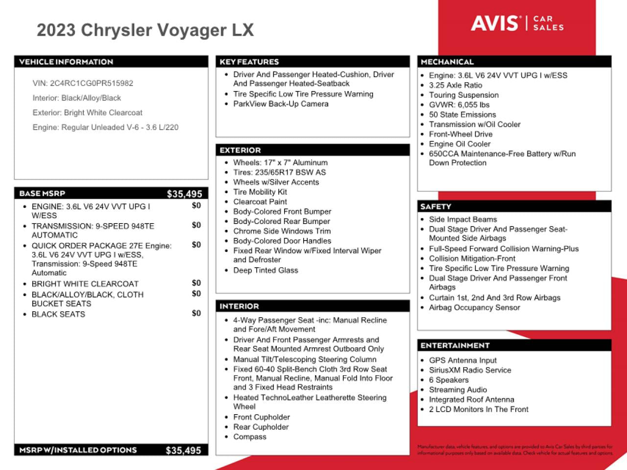 2023 CHRYSLER VOYAGER LX VIN:2C4RC1CG0PR515982