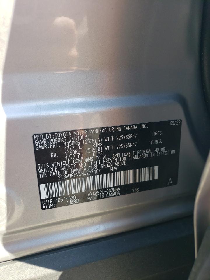 2022 TOYOTA RAV4 XLE VIN:2T3W1RFV5NW227167