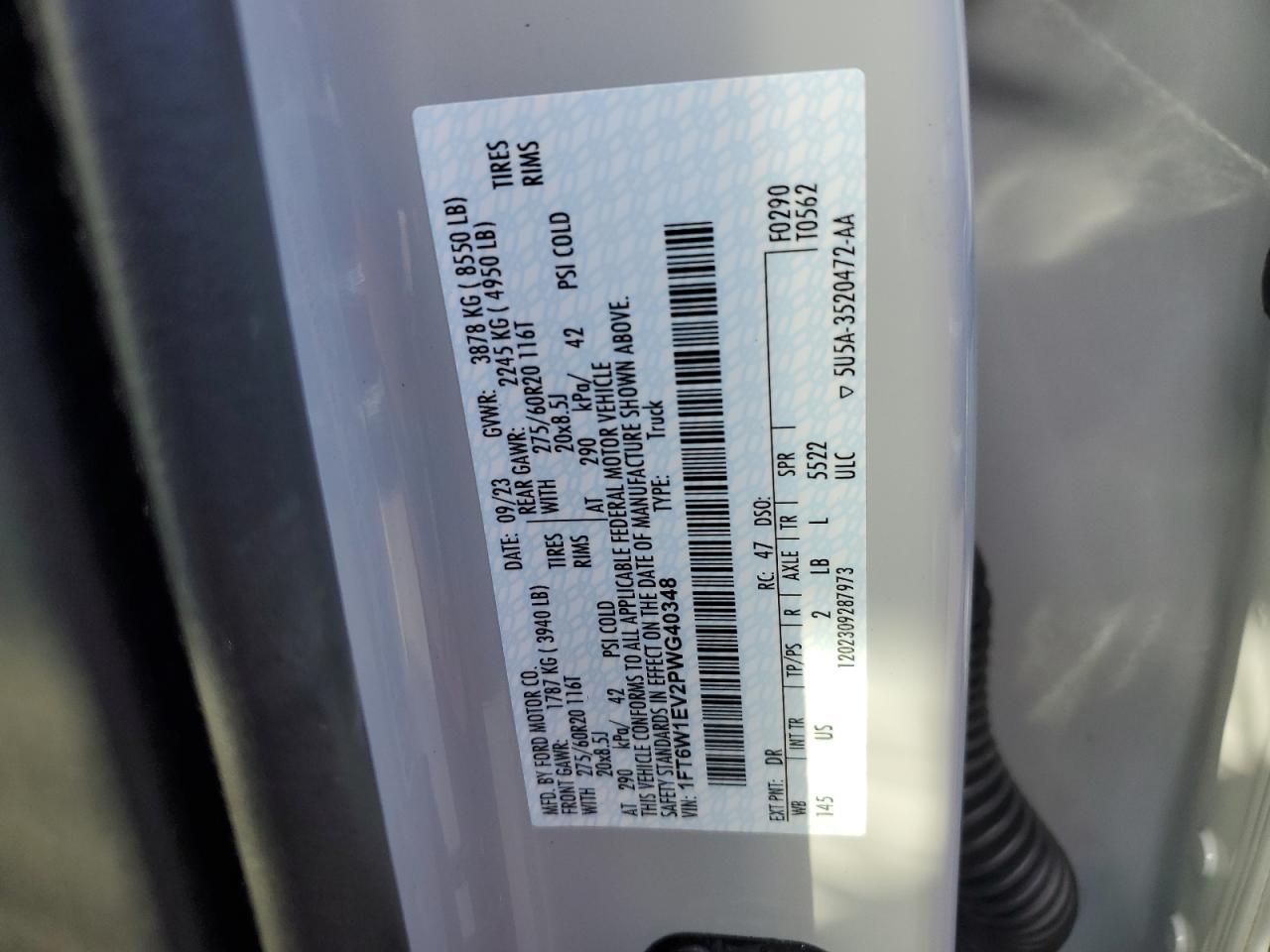2023 FORD F150 LIGHTNING PRO VIN:1FT6W1EV2PWG40348