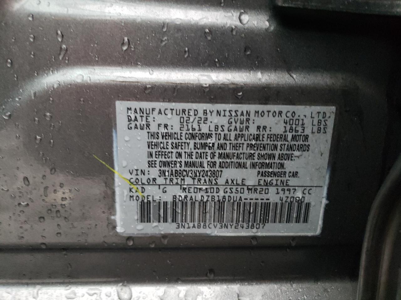 2022 NISSAN SENTRA SV VIN:3N1AB8CV3NY243807