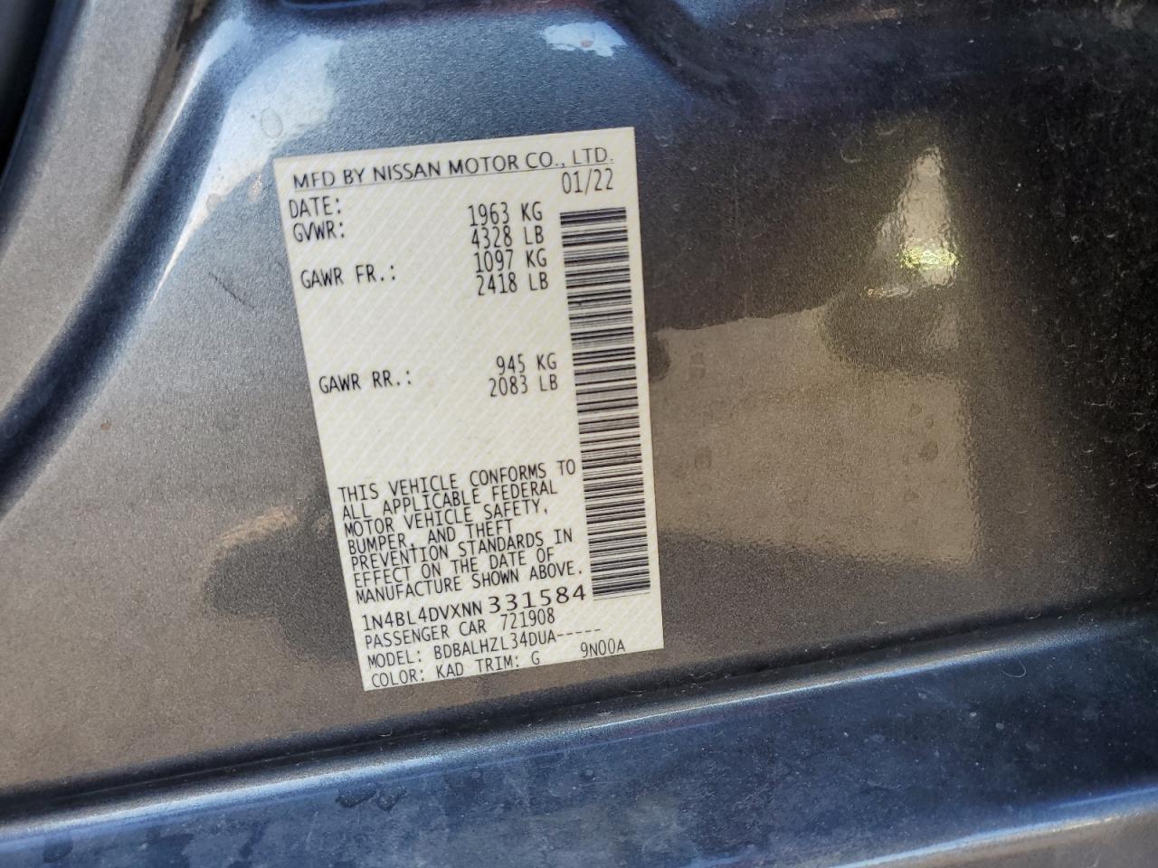 2022 NISSAN ALTIMA SV VIN:1N4BL4DVXNN331584