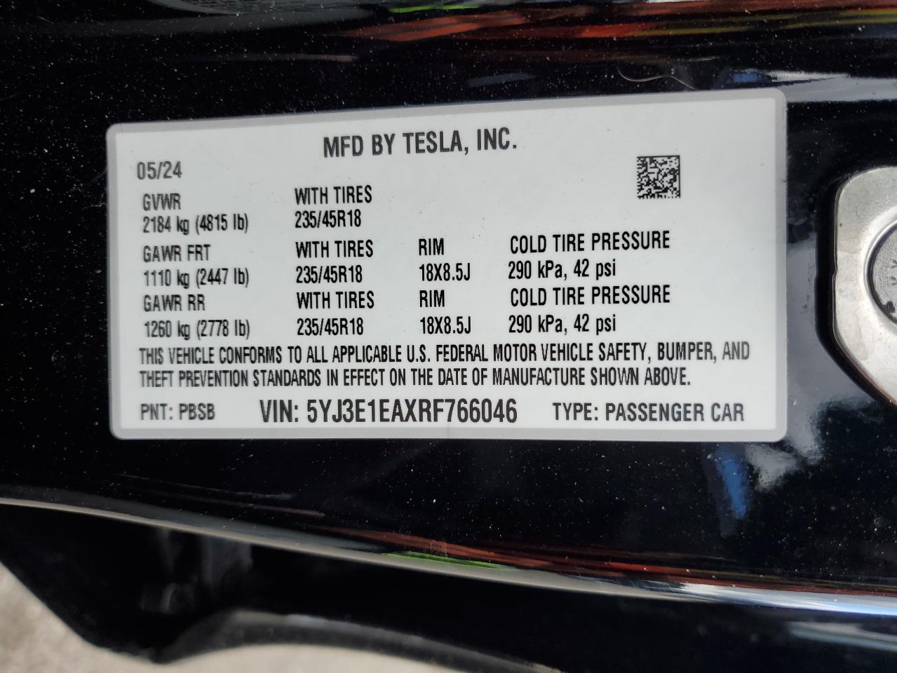 2024 TESLA MODEL 3  VIN:5YJ3E1EAXRF766046