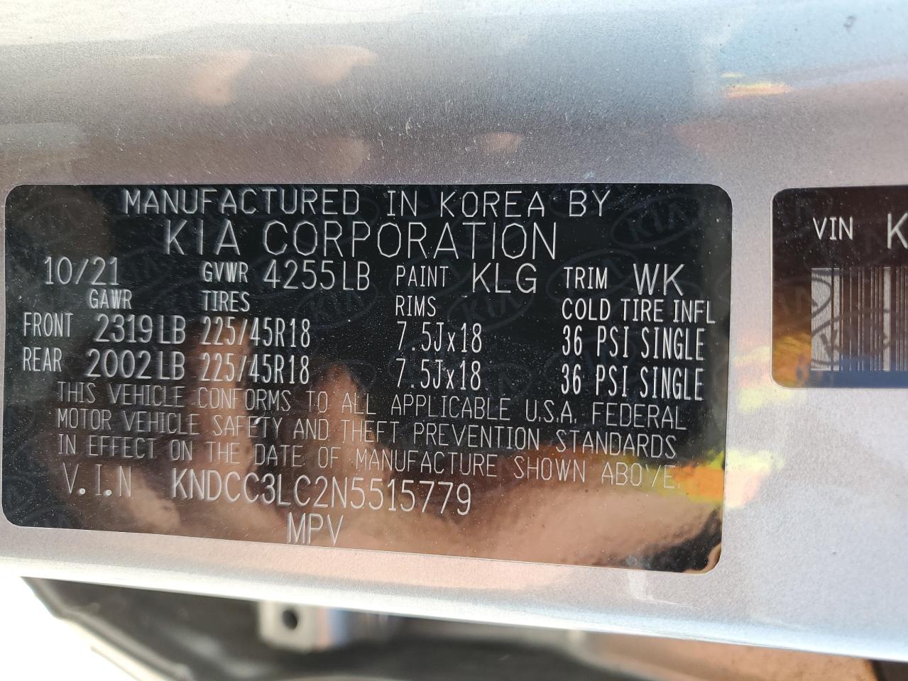 2022 KIA NIRO TOURING SPECIAL EDITION VIN:KNDCC3LC2N5515779