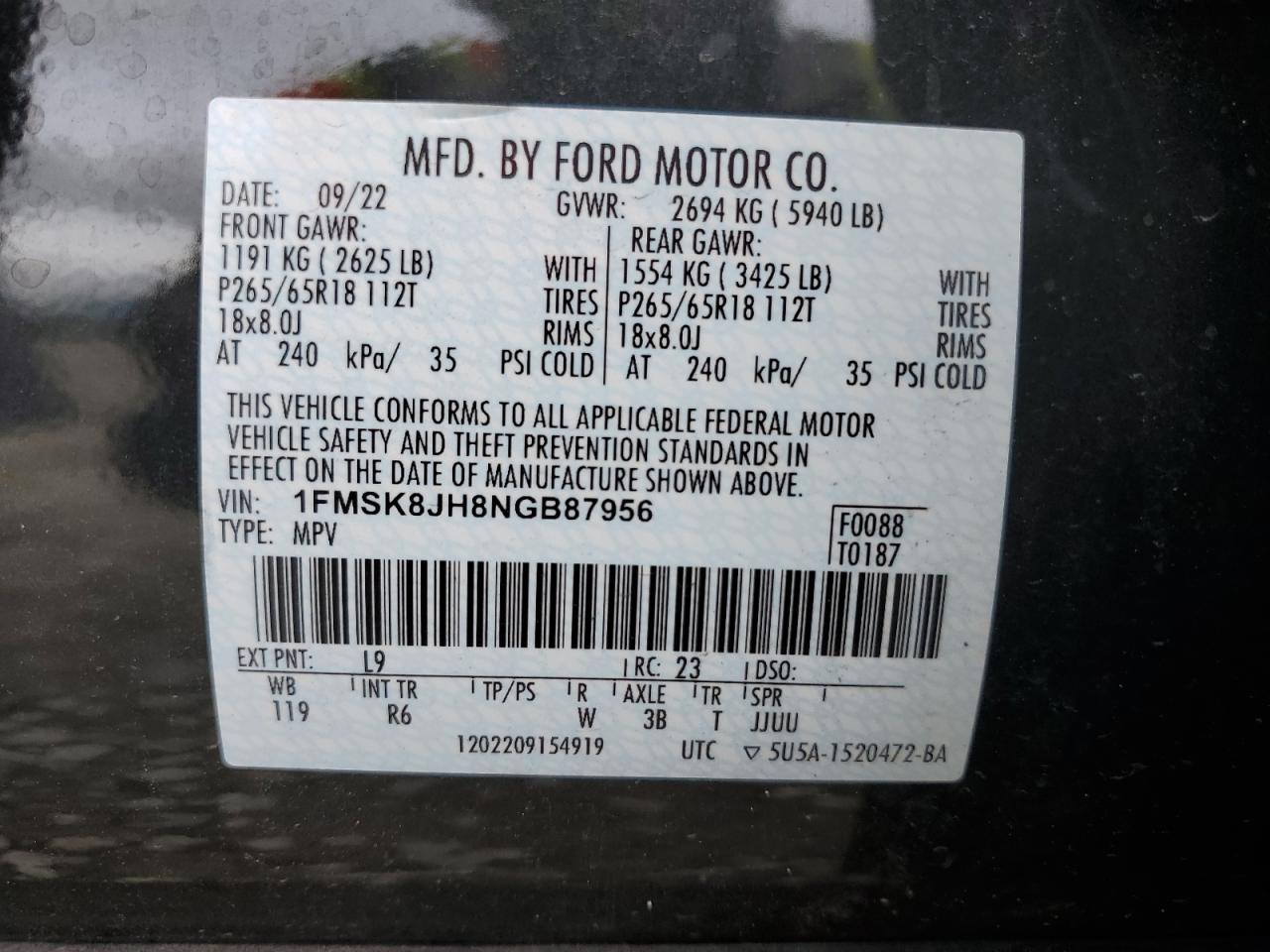 2022 FORD EXPLORER TIMBERLINE VIN:1FMSK8JH8NGB87956