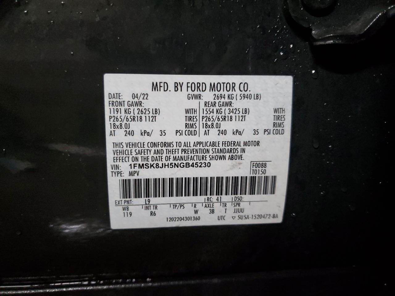 2022 FORD EXPLORER TIMBERLINE VIN:1FMSK8JH5NGB45230