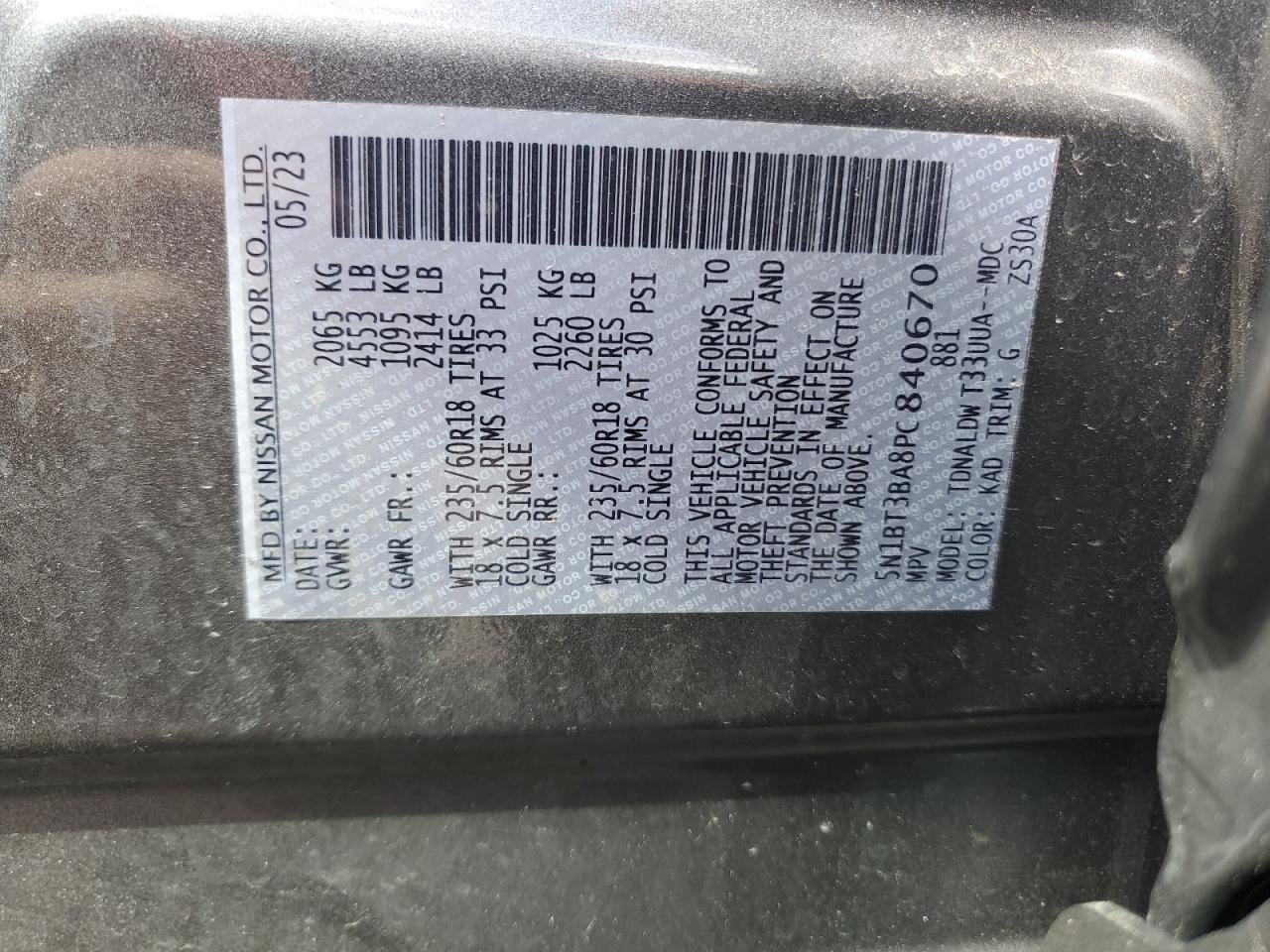 2023 NISSAN ROGUE SV VIN:5N1BT3BA8PC840670
