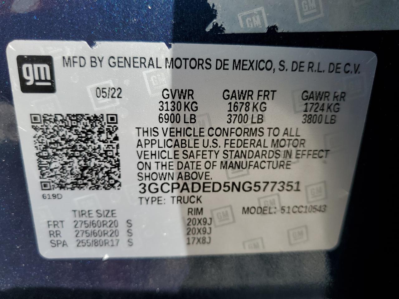 2022 CHEVROLET SILVERADO C1500 RST VIN:3GCPADED5NG577351