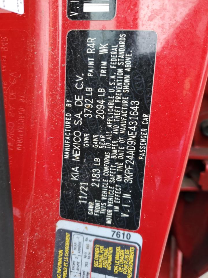 2022 KIA FORTE FE VIN:3KPF24AD9NE431643