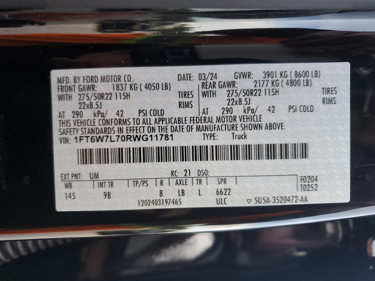 2024 FORD F150 LIGHTNING PLATINUM VIN:WBA8D9C37HA011646