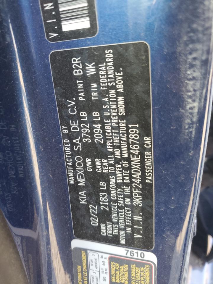 2022 KIA FORTE FE VIN:3KPF24ADXNE467891