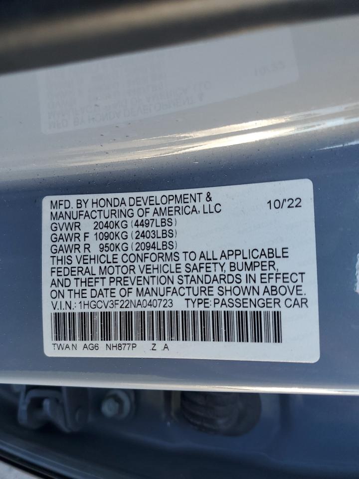 2022 HONDA ACCORD HYBRID SPORT VIN:1HGCV3F22NA040723