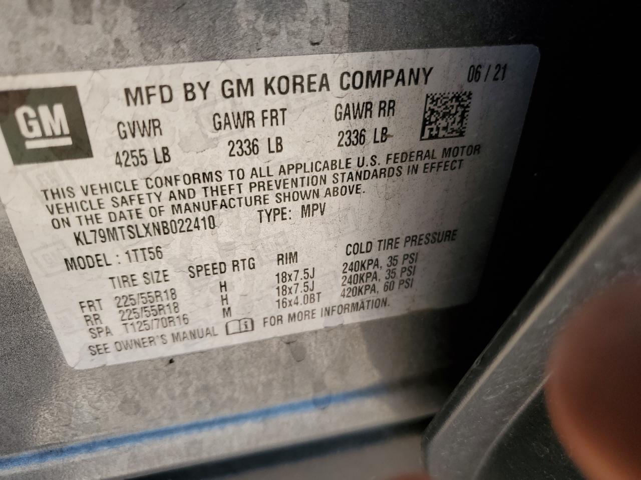 2022 CHEVROLET TRAILBLAZER RS VIN:KL79MTSLXNB022410