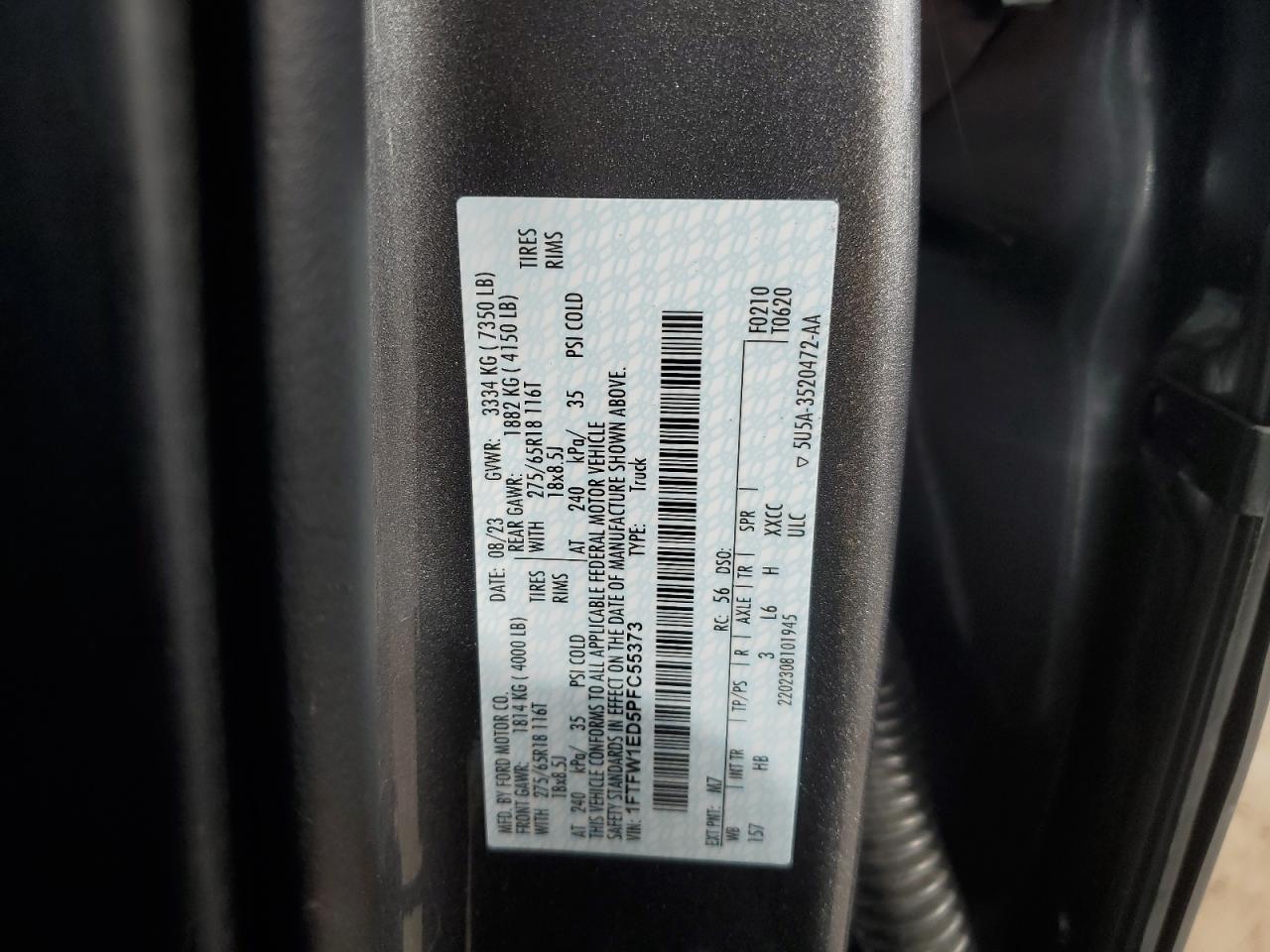2023 FORD F150 SUPERCREW VIN:1FTFW1ED5PFC55373