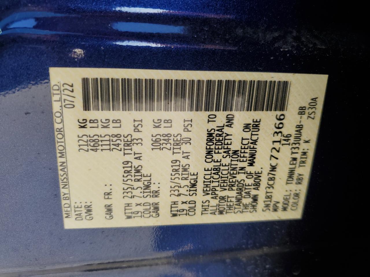 2022 NISSAN ROGUE SL VIN:5N1BT3CB7NC721366