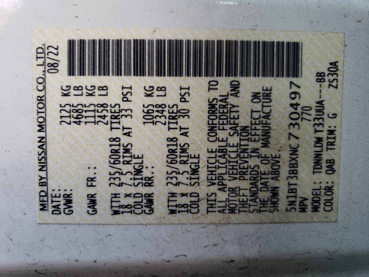 2022 NISSAN ROGUE SV VIN:5N1BT3BBXNC730497