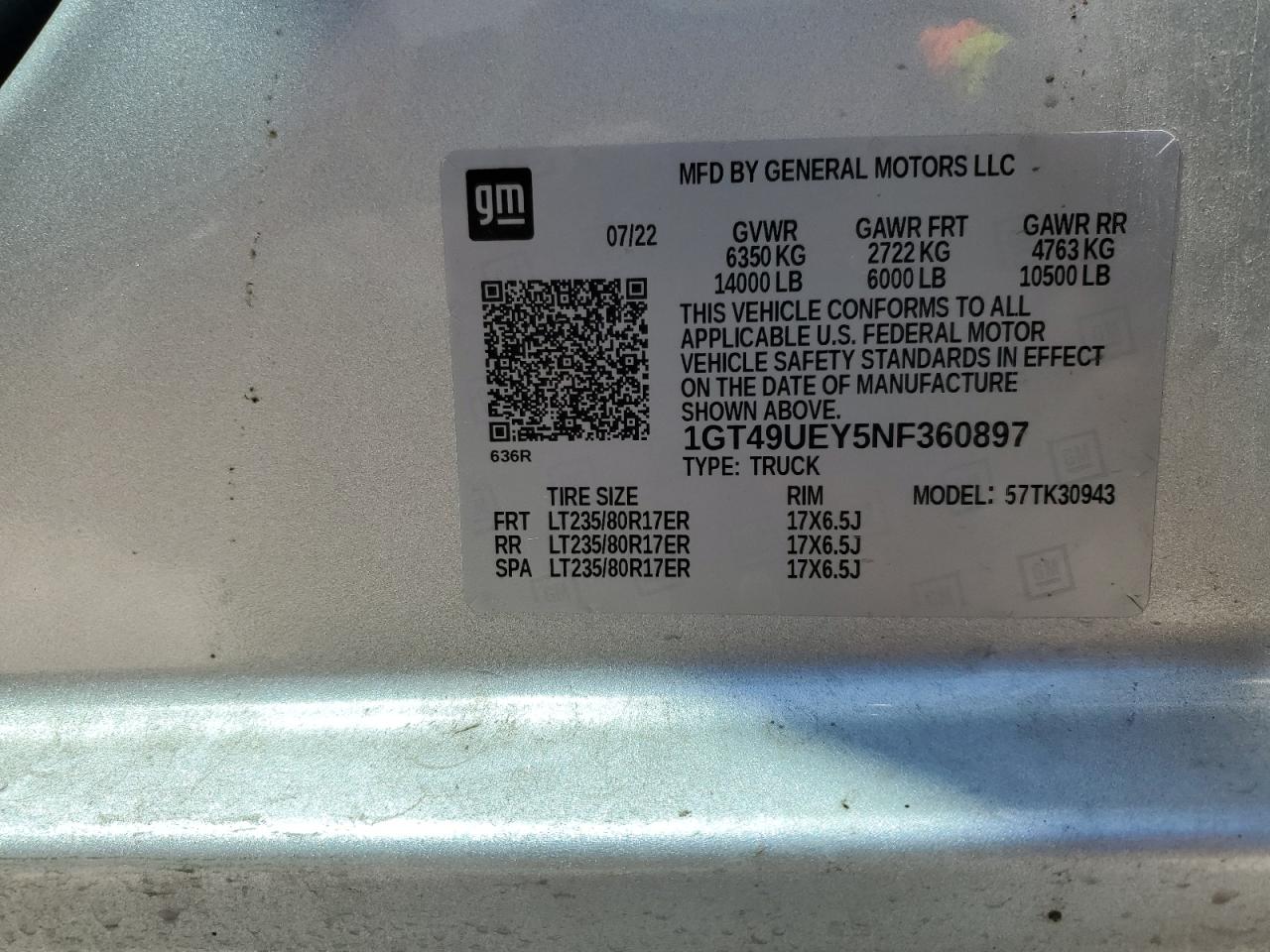 2022 GMC SIERRA K3500 SLT VIN:1GT49UEY5NF360897