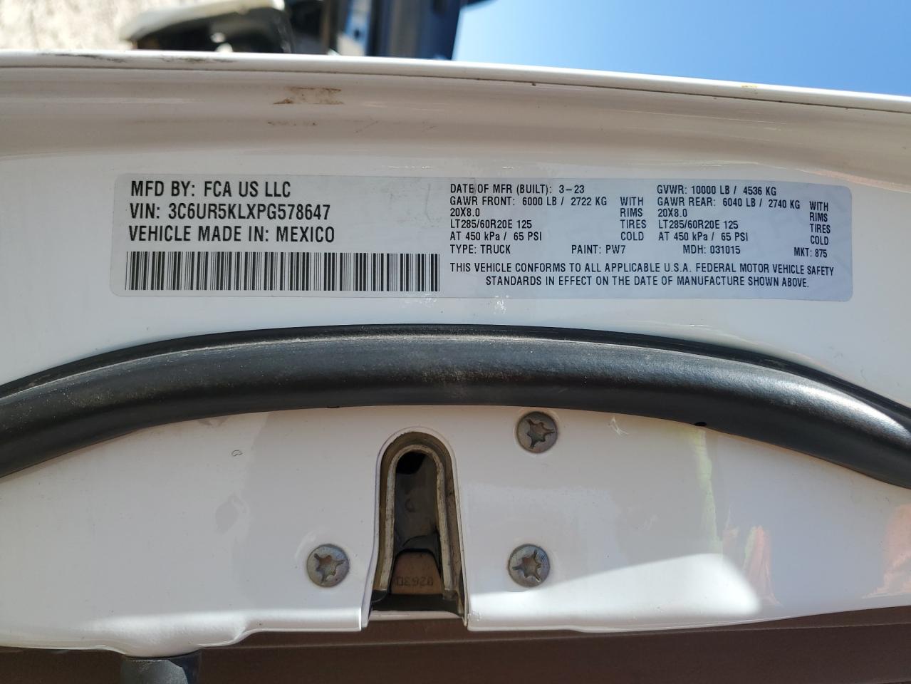 2023 RAM 2500 LARAMIE VIN:3C6UR5KLXPG578647