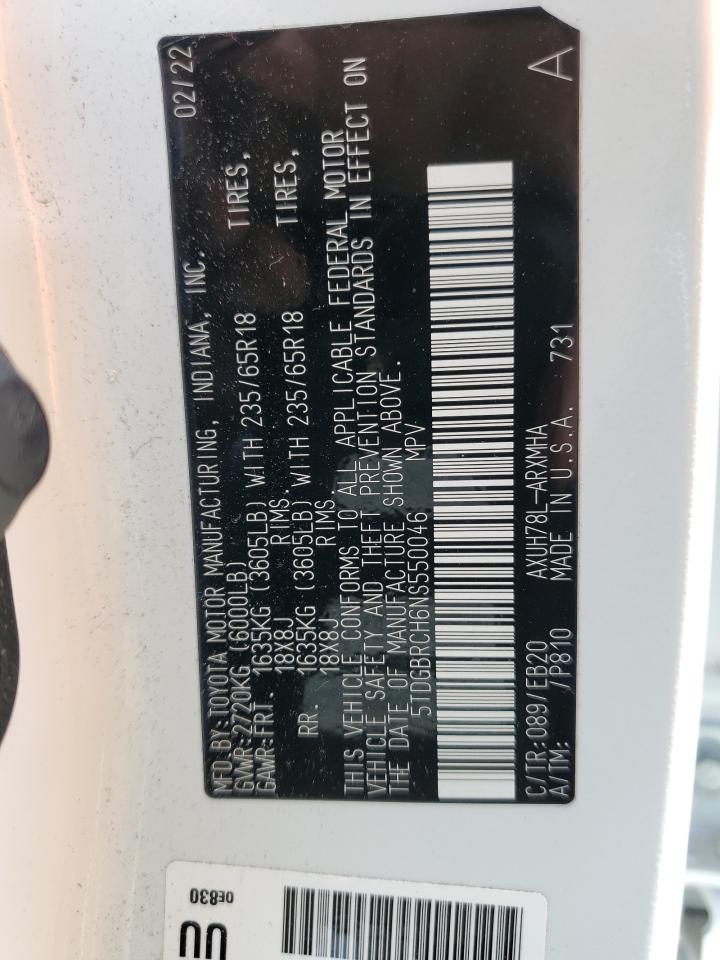 2022 TOYOTA HIGHLANDER HYBRID XLE VIN:5TDGBRCH6NS550046