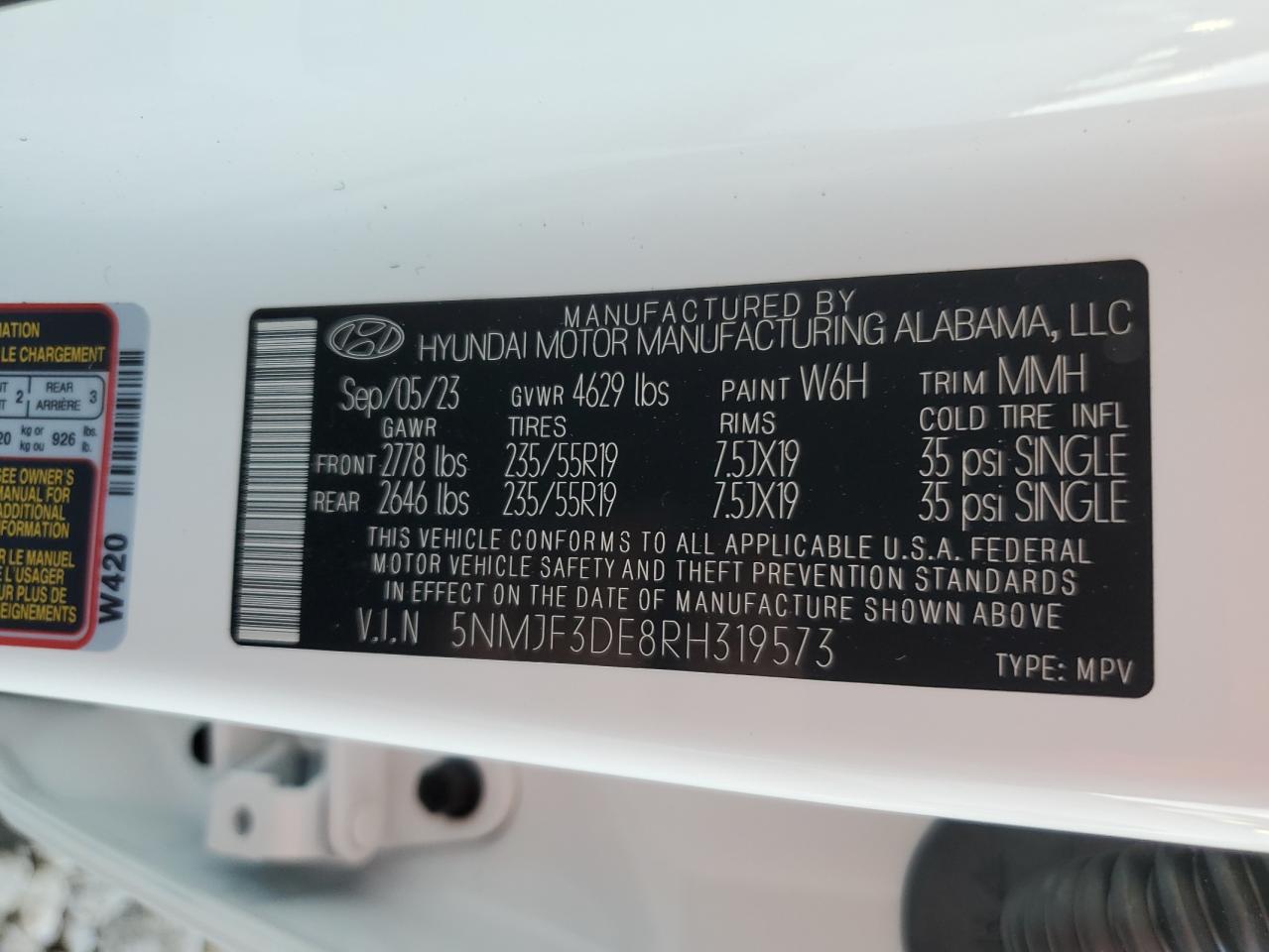2024 HYUNDAI TUCSON SEL VIN:5NMJF3DE8RH319573