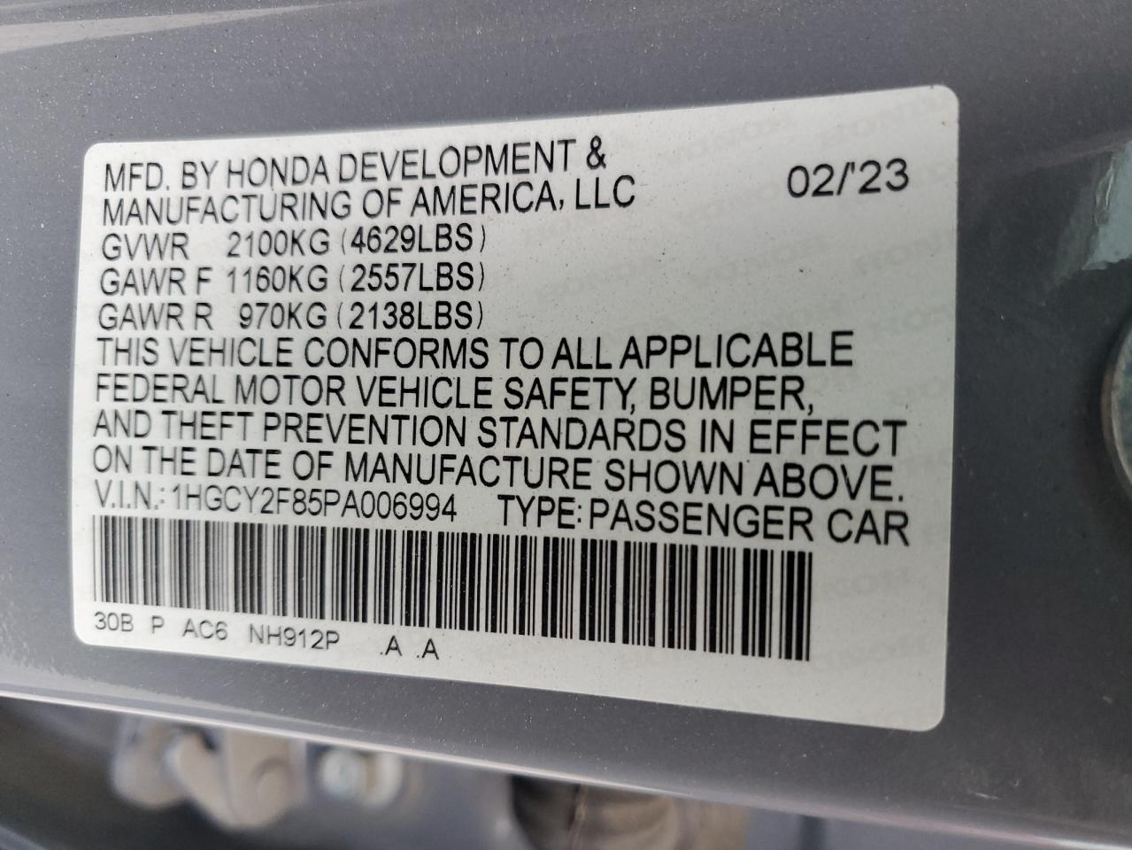 2023 HONDA ACCORD TOURING HYBRID VIN:1HGCY2F85PA006994