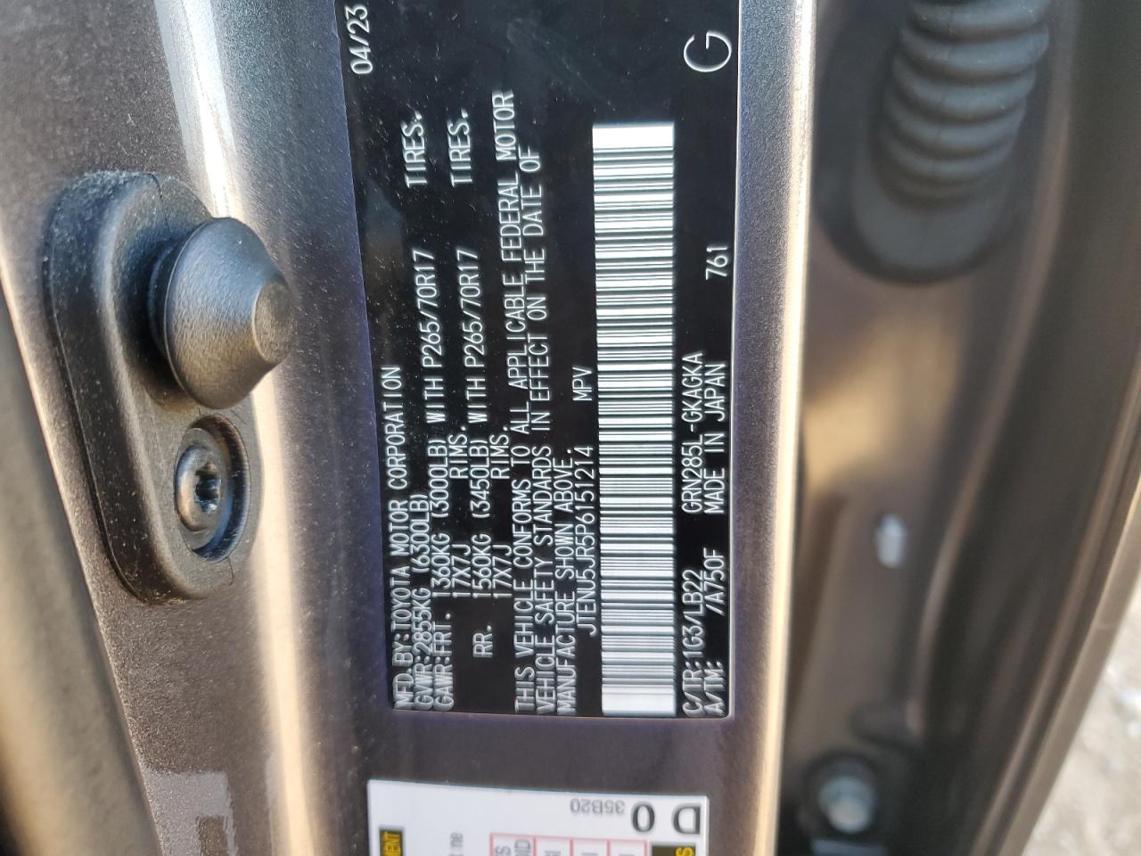 2023 TOYOTA 4RUNNER SE VIN:JTENU5JR5P6151214