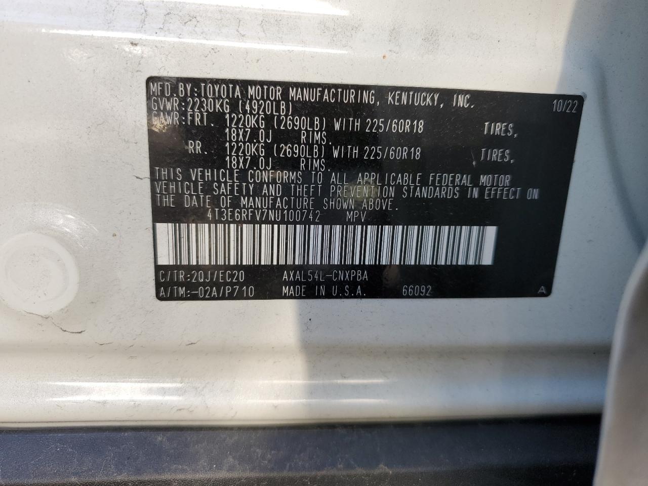 2022 TOYOTA RAV4 XSE VIN:4T3E6RFV7NU100742