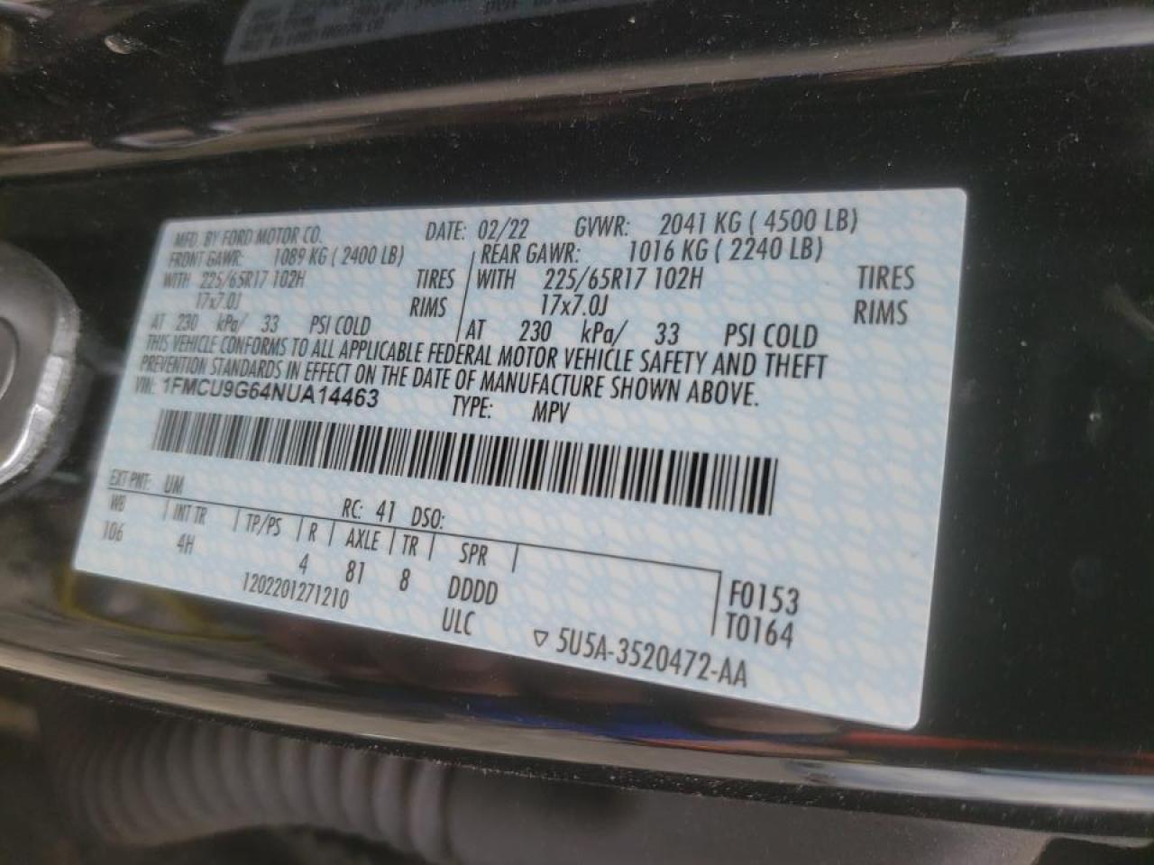 2022 FORD ESCAPE SE VIN:1FMCU9G64NUA14463