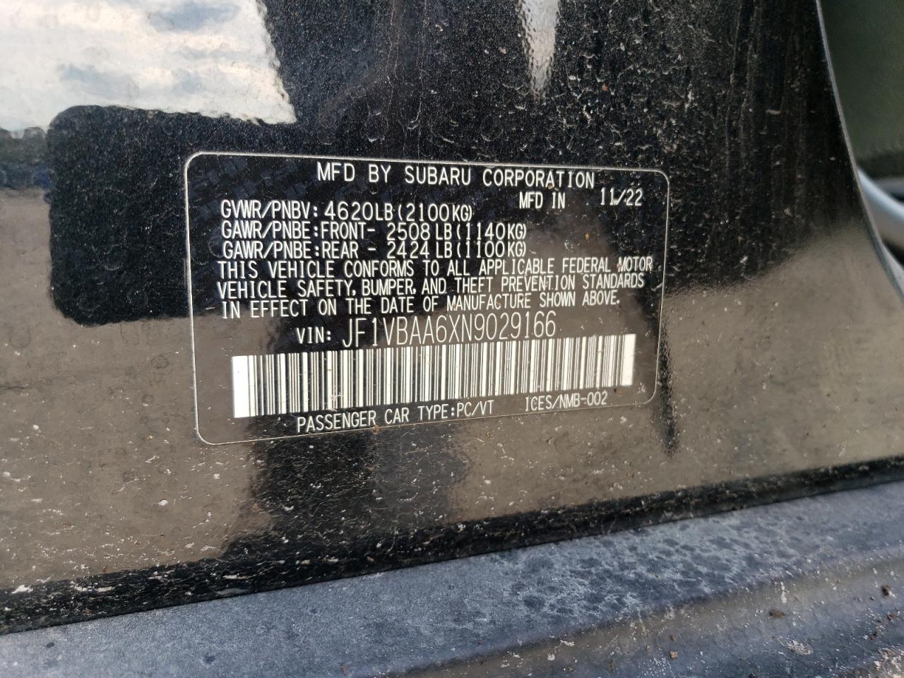 2022 SUBARU WRX  VIN:JF1VBAA6XN9029166