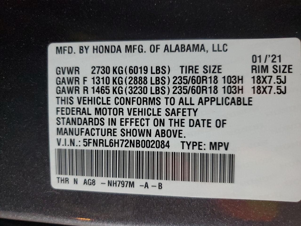 2022 HONDA ODYSSEY EXL VIN:5FNRL6H72NB002084