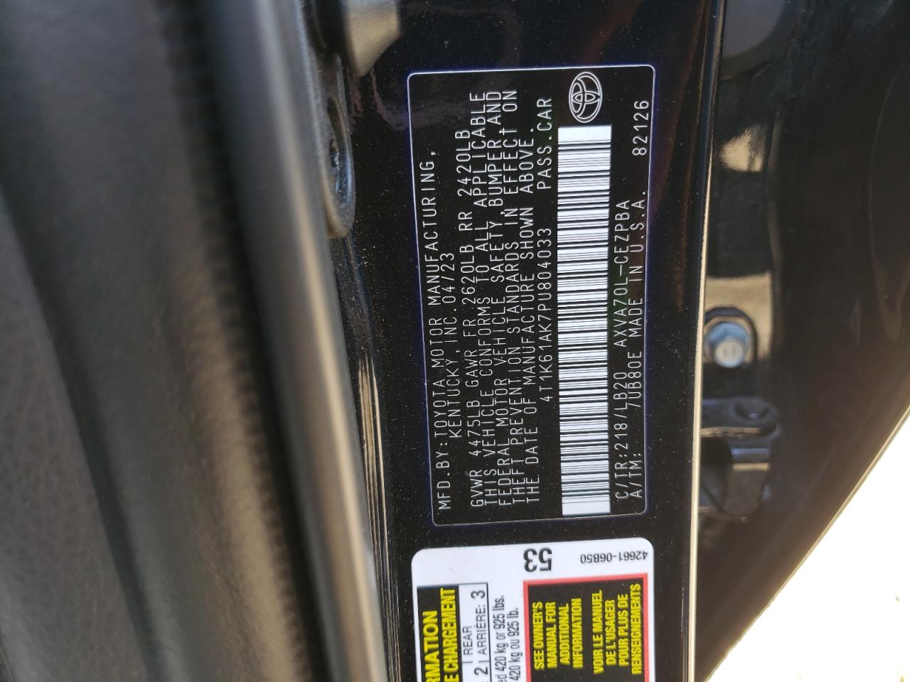 2023 TOYOTA CAMRY XSE VIN:4T1K61AK7PU804033