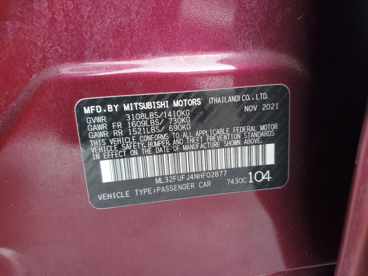 2022 MITSUBISHI MIRAGE G4 ES VIN:ML32FUFJ4NHF02877