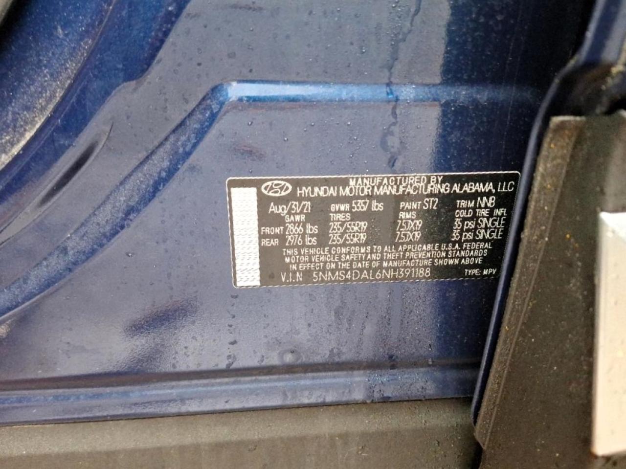 2022 HYUNDAI SANTA FE LIMITED VIN:5NMS4DAL6NH391188