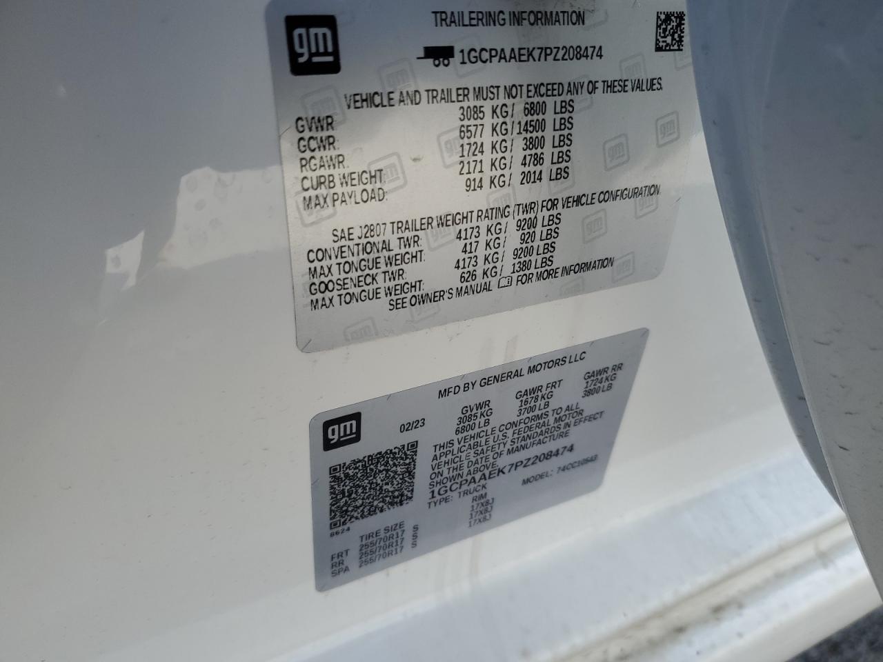 2023 CHEVROLET SILVERADO C1500 VIN:1GCPAAEK7PZ208474