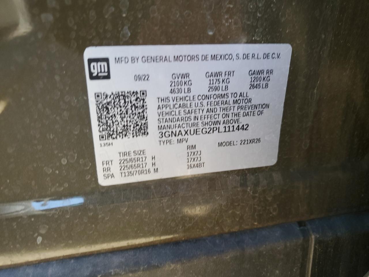 2023 CHEVROLET EQUINOX LT VIN:3GNAXUEG2PL111442