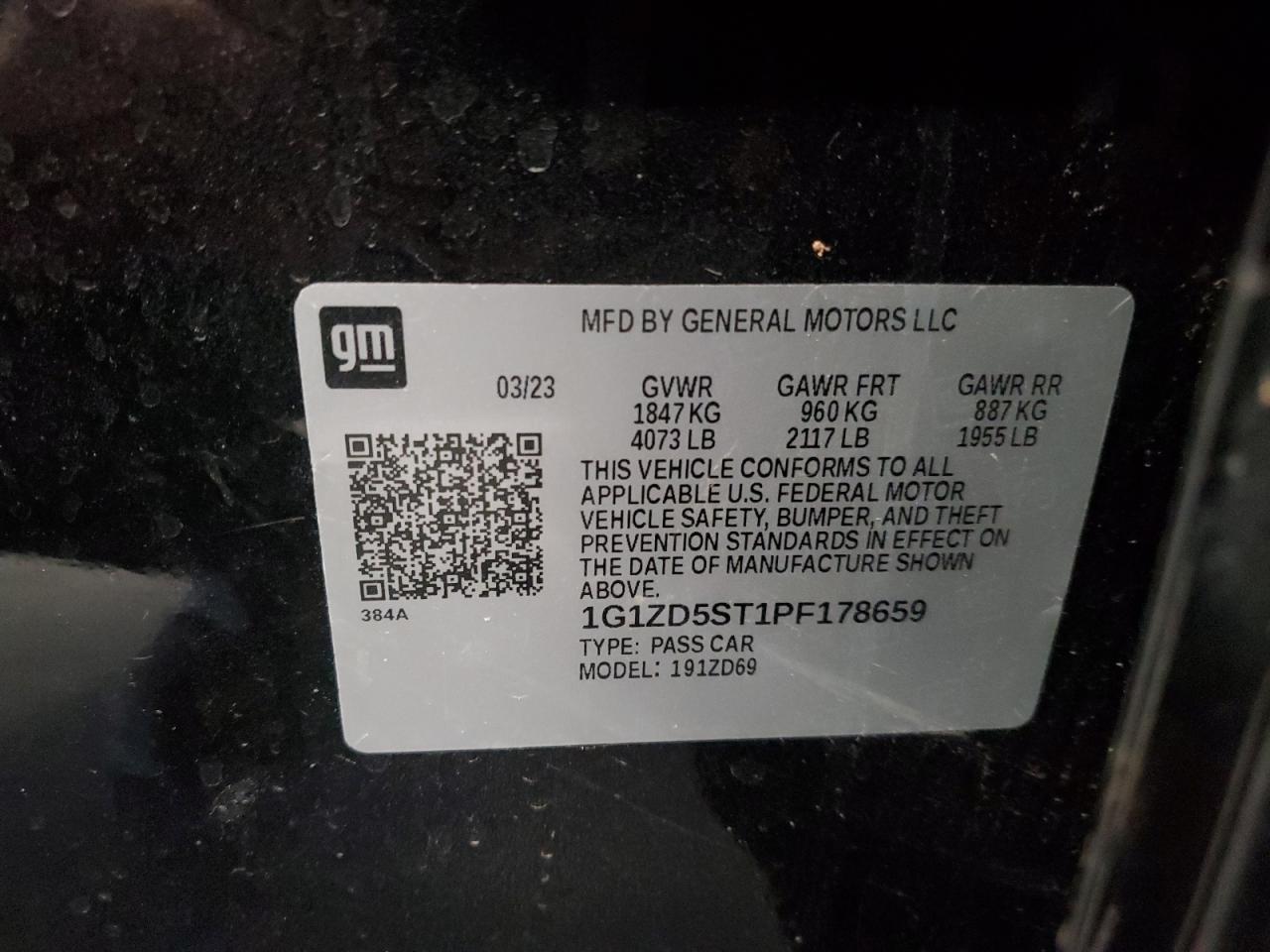 2023 CHEVROLET MALIBU LT VIN:1G1ZD5ST1PF178659