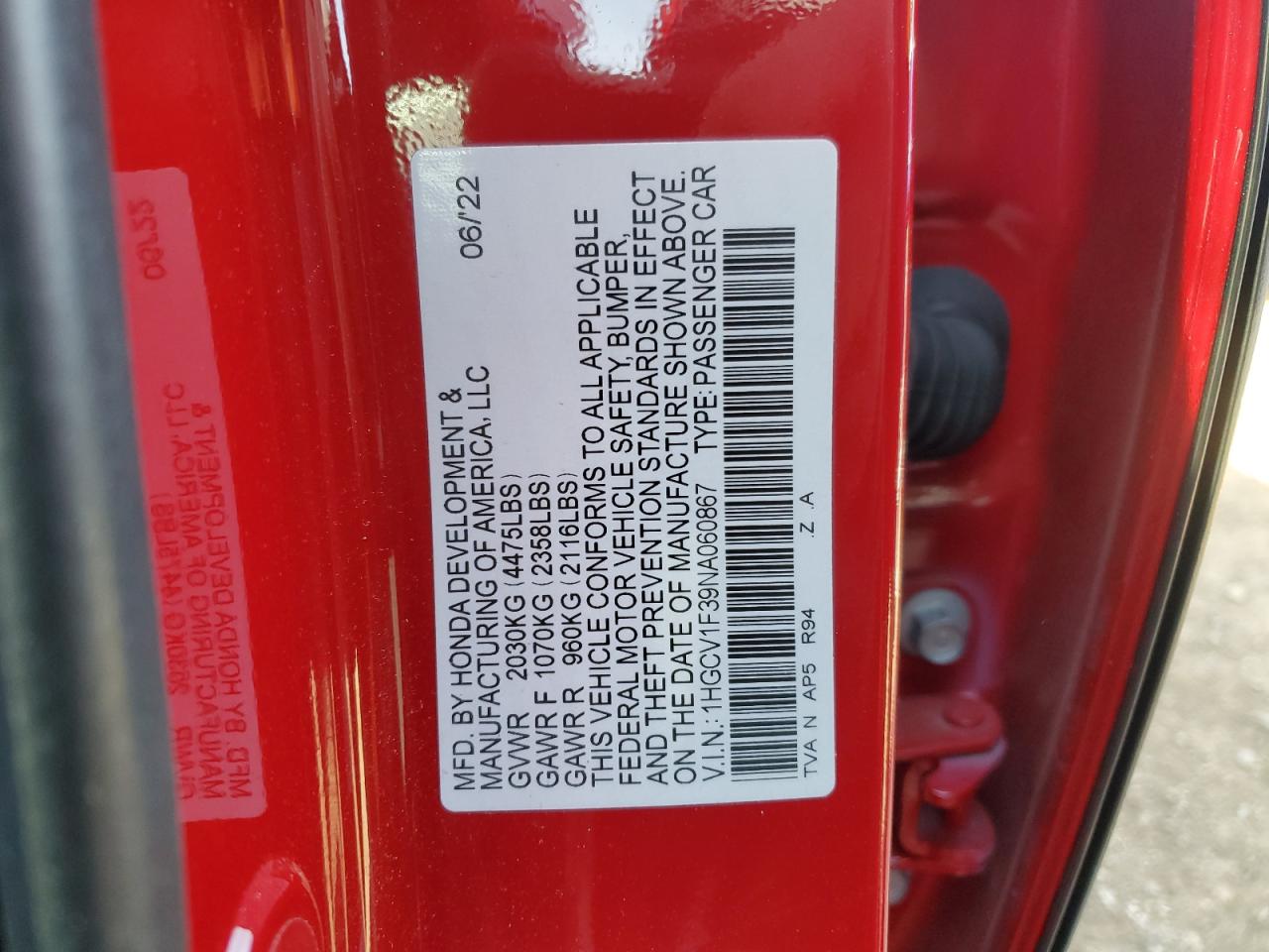 2022 HONDA ACCORD SPORT VIN:1HGCV1F39NA060867
