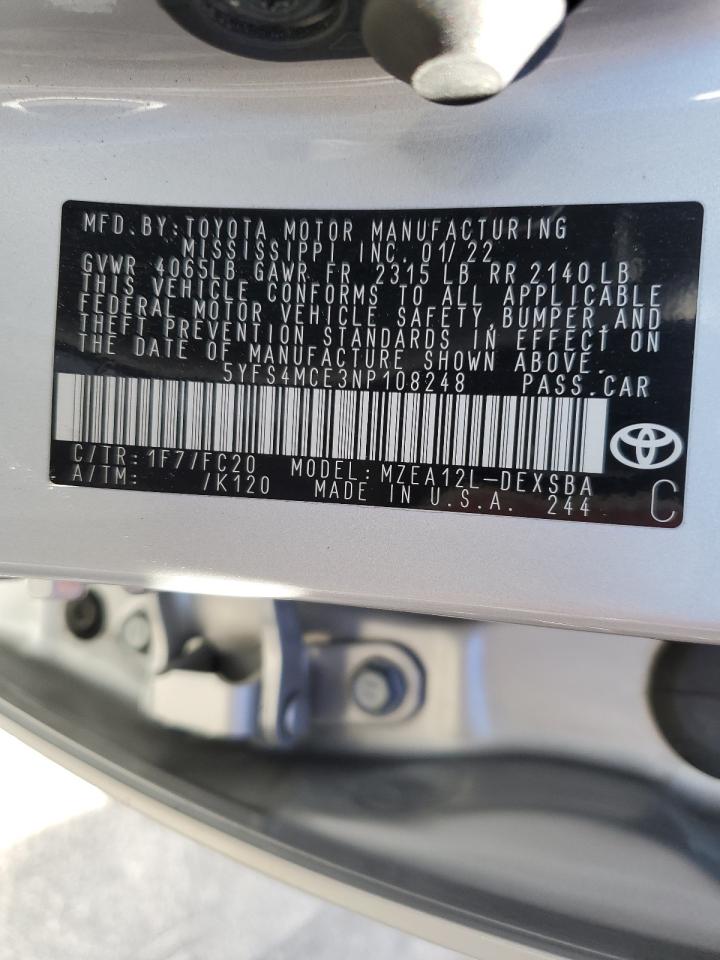 2022 TOYOTA COROLLA SE VIN:5YFS4MCE3NP108248