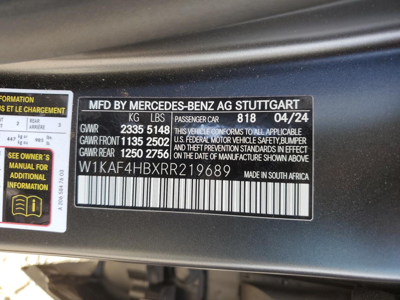 2024 MERCEDES-BENZ C 300 4MATIC VIN:W1KAF4HBXRR219689