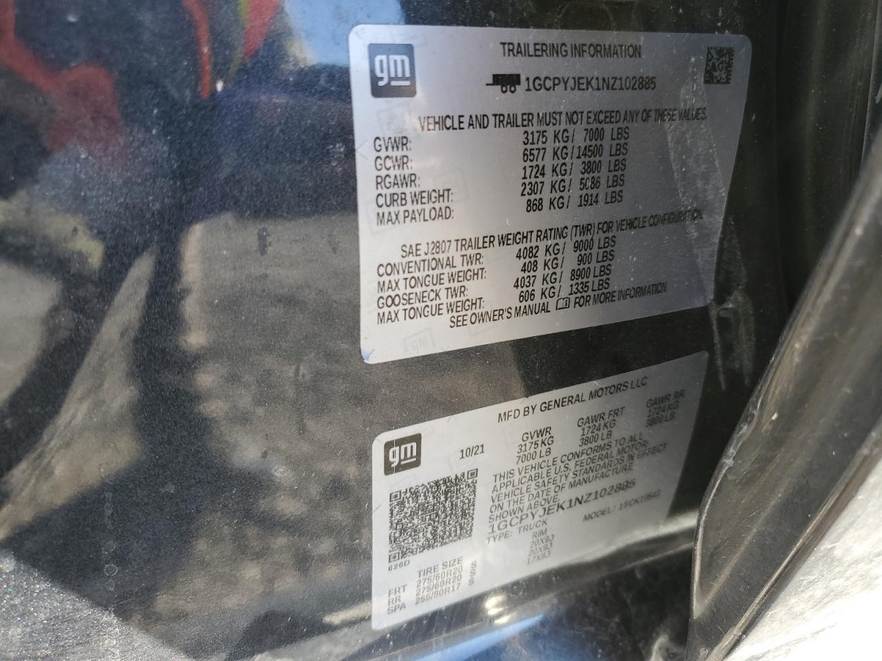 2022 CHEVROLET SILVERADO LTD K1500 LT-L VIN:1GCPYJEK1NZ102885