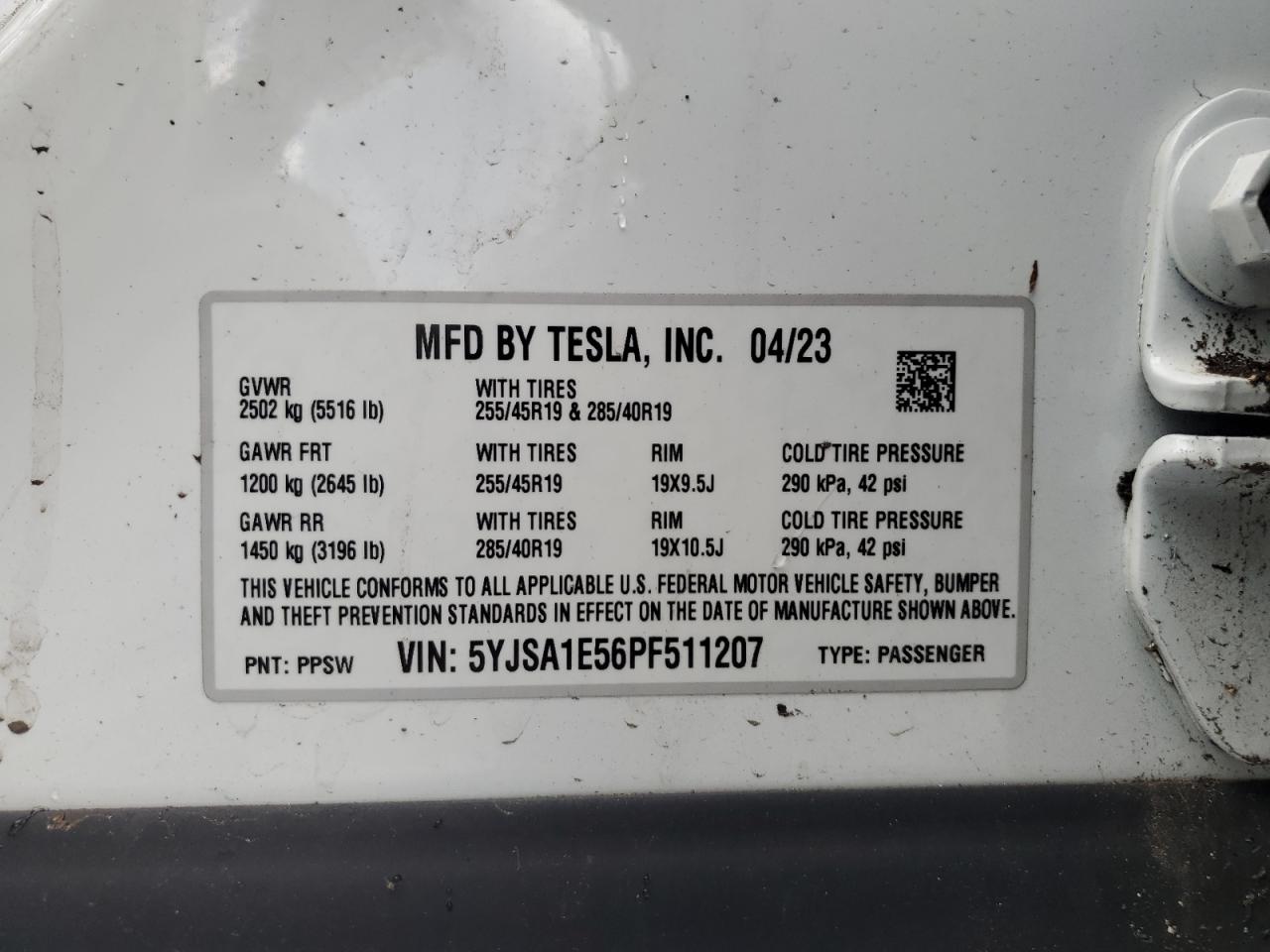 2023 TESLA MODEL S  VIN:5YJSA1E56PF511207