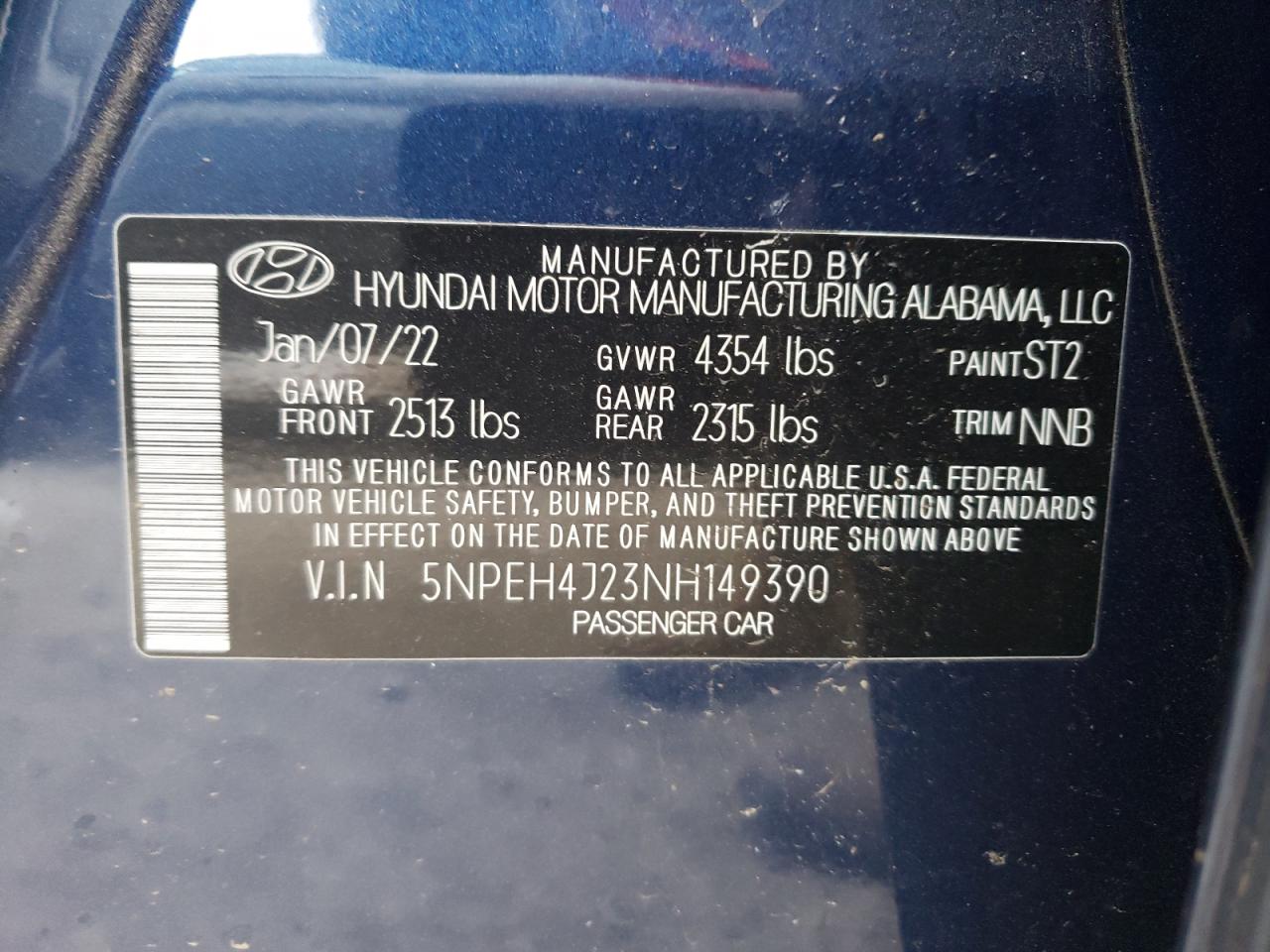 2022 HYUNDAI SONATA LIMITED VIN:5NPEH4J23NH149390