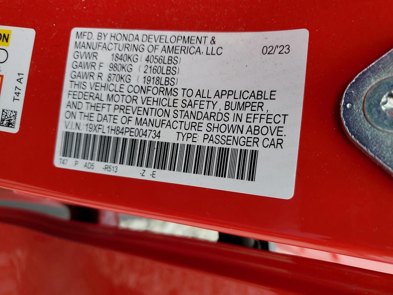 2023 HONDA CIVIC SPORT TOURING VIN:19XFL1H84PE004734
