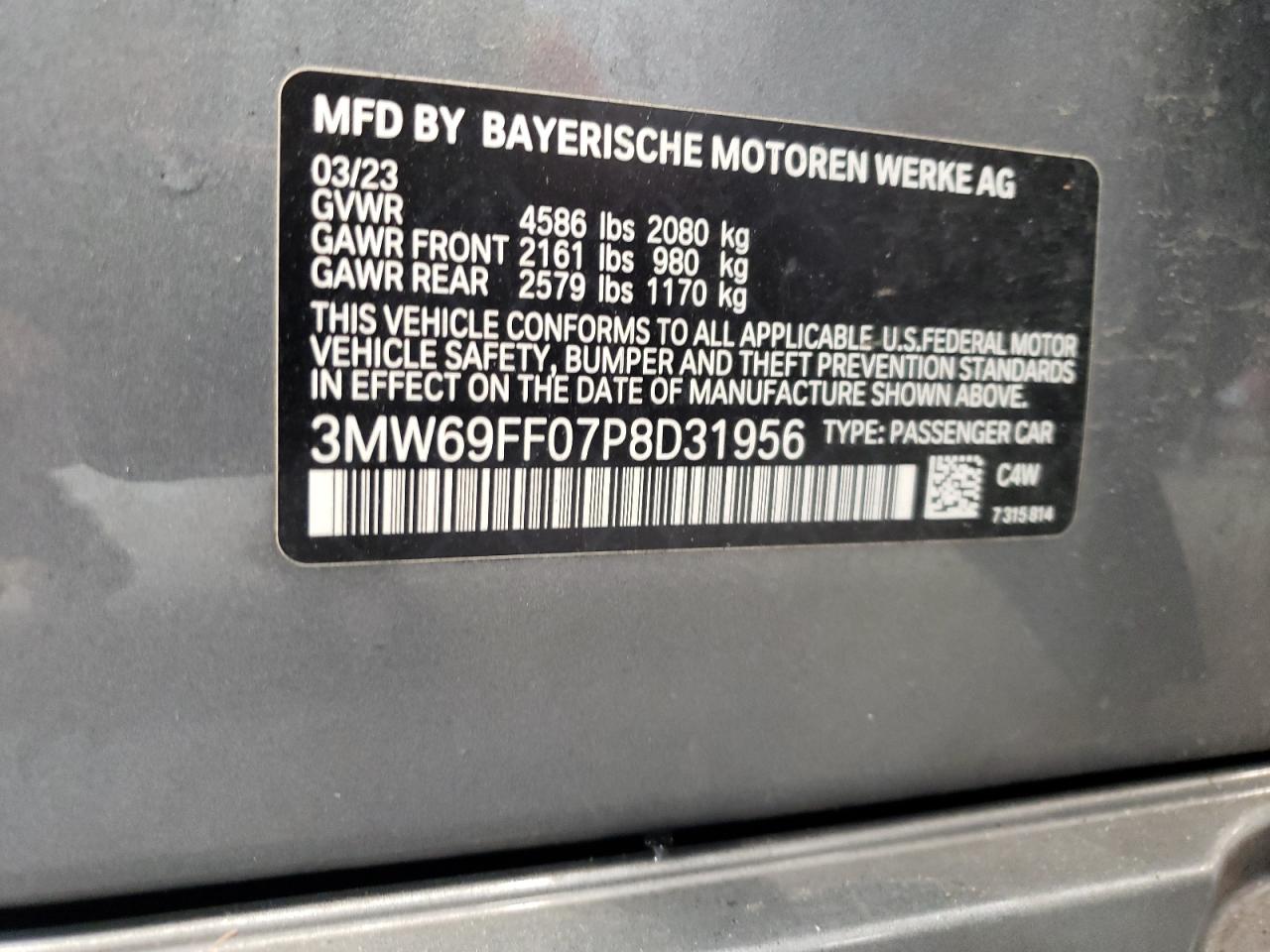 2023 BMW 330I VIN:3MW69FF07P8D31956