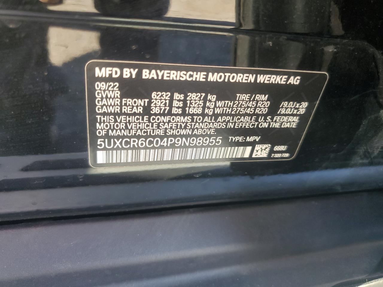 2023 BMW X5 XDRIVE40I VIN:5UXCR6C04P9N98955