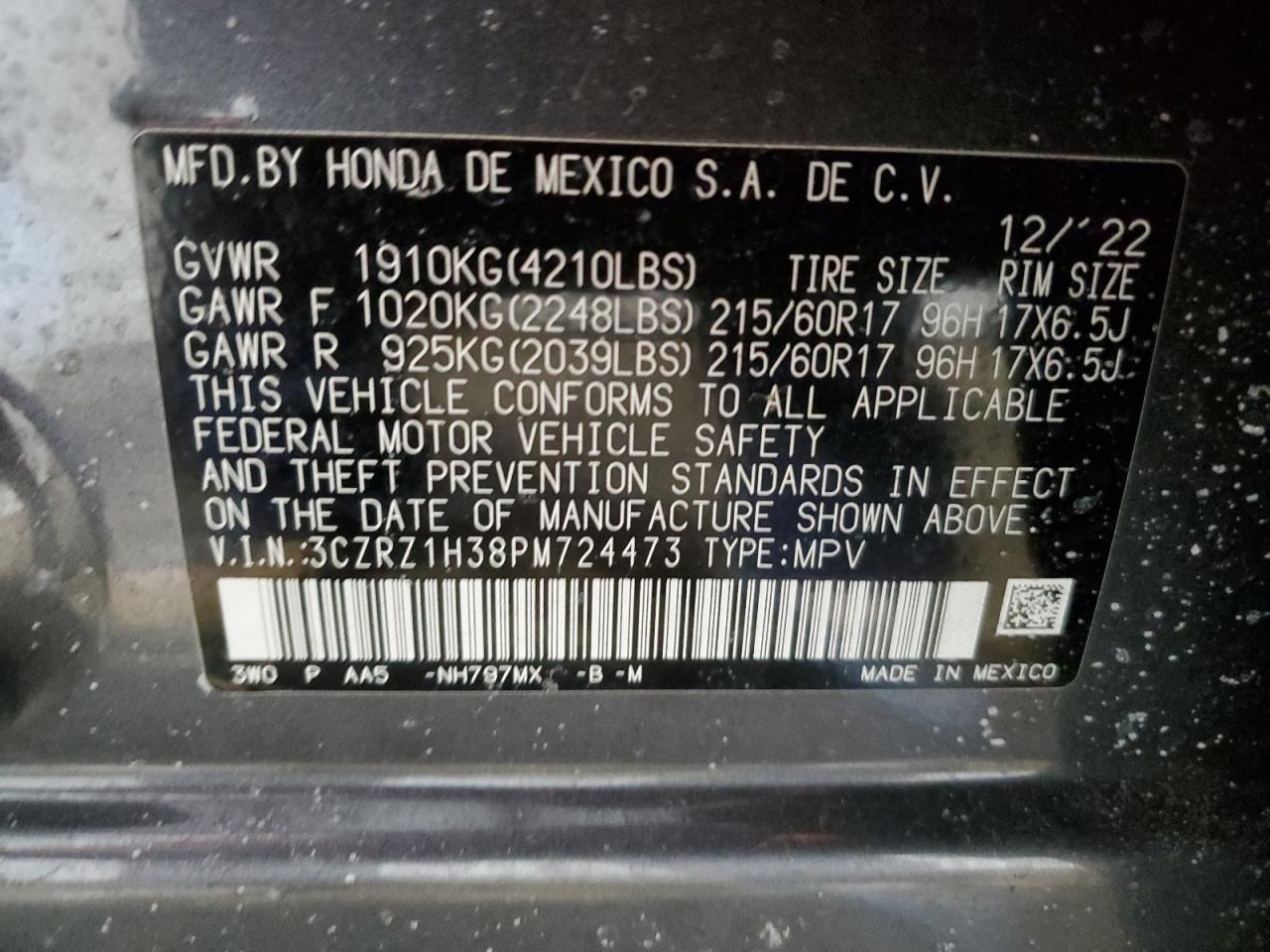 2023 HONDA HR-V LX VIN:3CZRZ1H38PM724473